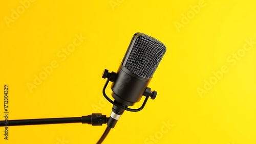 A studio microphone isolated on a bright yellow background, presented in a clean and minimalist product showcase.