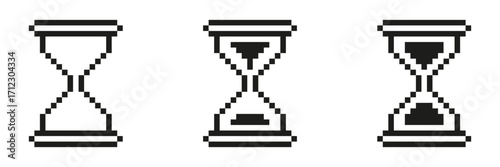 Pixel Art Hourglass Icon Set. Time Management And Countdown Symbol Collection. Retro Style Sand Timer. Isolated Vector Illustration
