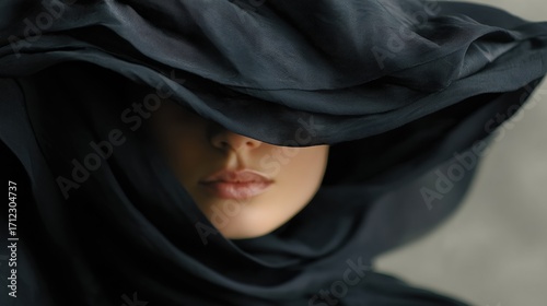 Close-up portrait of a woman's face, with her eyes closed and her lips slightly parted. she is wearing a black hijab, which is draped over her head and covering her entire face.