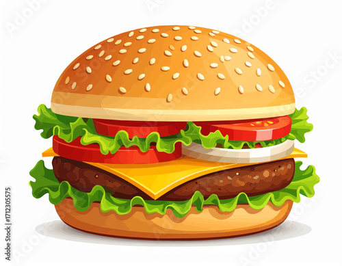 Cartoon illustration of a juicy cheeseburger with sesame seed bun.