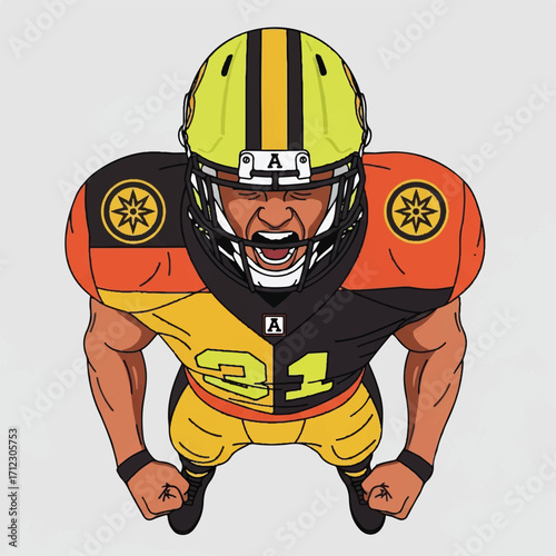 An overhead illustration of an American football player in vibrant uniform, shouting with determination.