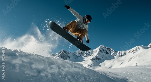 Skier performing jump in mid-air on snowy mountain slope during daytime with clear blue sky and snow-covered peaks in background.