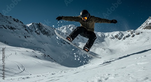Skier wearing black helmet goggles and jacket performing jump in pristine snow surrounded by towering snow-capped mountains during daytime with clear blue sky