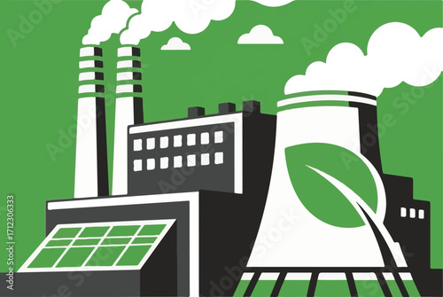 Green Energy Industrial Landscape with Solar Panels and Eco-Friendly Power Plant Concept