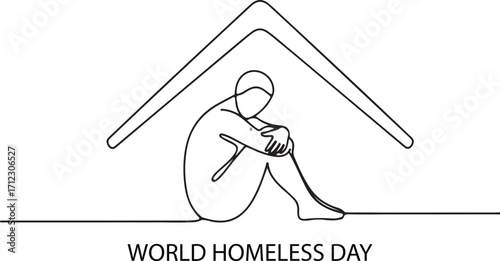 Single line drawing of a person huddled under a roof, symbolizing homelessness and World Homeless Day.