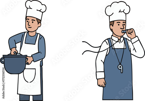 Chef stirring ingredients in a pot while another blows a whistle in the kitchen, showing different cooking tasks and kitchen activities, playful and whimsical.