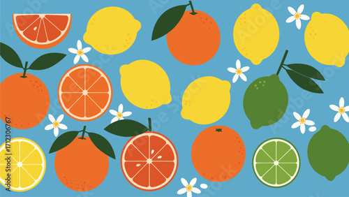 Vibrant Citrus Fruit Pattern: Oranges, Lemons, Limes & Blossoms