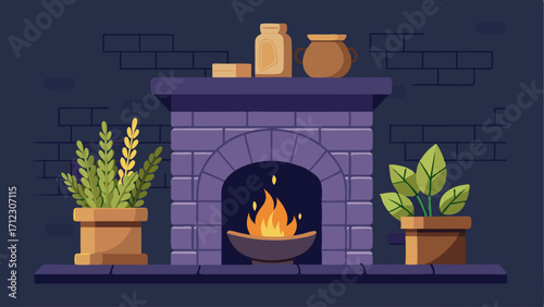 A fireplace with a stacked stone surround and a brass pot filled with fragrant herbs