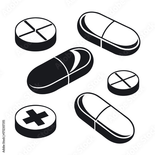 Stylized pill and capsule icon collection