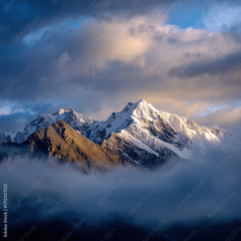 Obraz premium Majestic Snow-Capped Mountain Range with Dramatic Sky