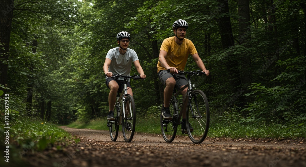 Naklejka premium Two men riding mountain bikes on a dirt trail through a dense green forest during daytime, wearing helmets and casual sportswear, enjoying outdoor cycling adventure