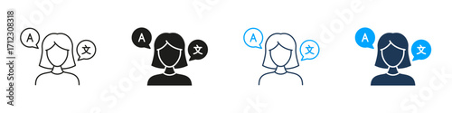 Female Translator With Speech Bubbles Line And Solid Icon Set. Woman Interpreter, Interpretation Symbol Collection. Language Skills And Translation Services. Isolated Vector Illustration