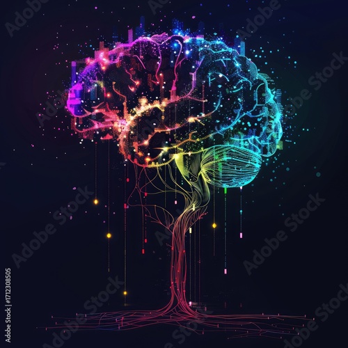 A vibrant, stylized brain depicted as a tree, with colorful lights cascading downwards, set against a dark background