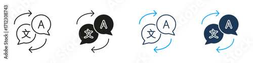 Language Translation Speech Bubbles Line And Solid Icon Set. Multilingual Communication And Interpretation Symbol Collection. Language Exchange And Global Interaction. Isolated Vector Illustration