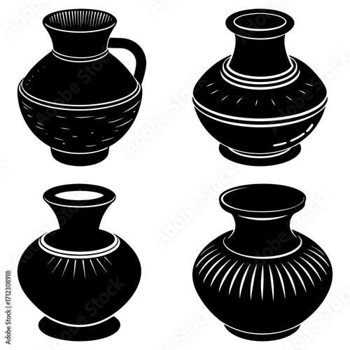 Collection of four black and white pottery vases with different designs and shapes on a white background