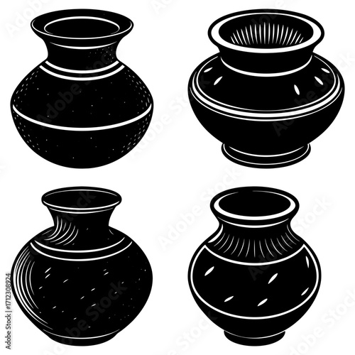 Four black and white illustrations of decorative pottery vases with unique designs and shapes displayed