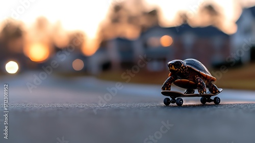 Fototapeta Naklejka Na Ścianę i Meble -  Miniature turtle figurine riding skateboard on asphalt road during golden sunset with bokeh lights and urban background, creative outdoor macro photography.