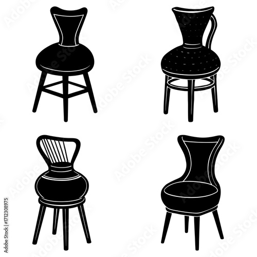 Silhouette illustration of four different chair designs with unique backs and leg arrangements