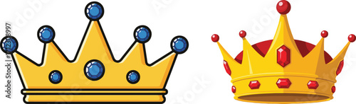 Two Golden Crowns Adorned with Colorful Gemstones on White Background