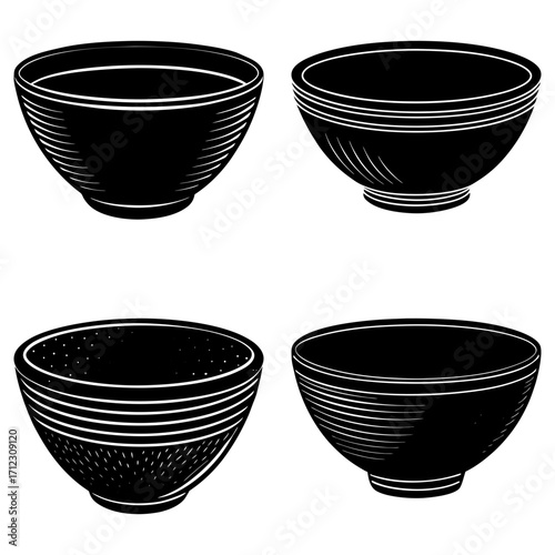Illustration of four black and white bowls with varying designs and line patterns on a white background