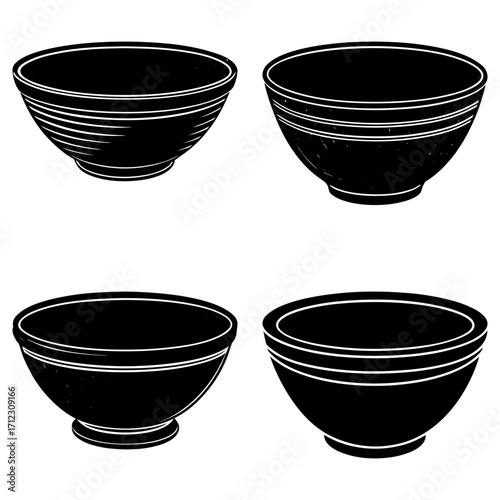 Four black bowls with different designs and shapes arranged in a square pattern on a white background