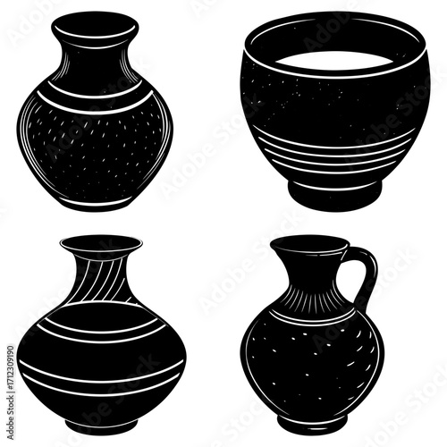 Illustration of four different black and white vases with varying shapes and decorative patterns visible
