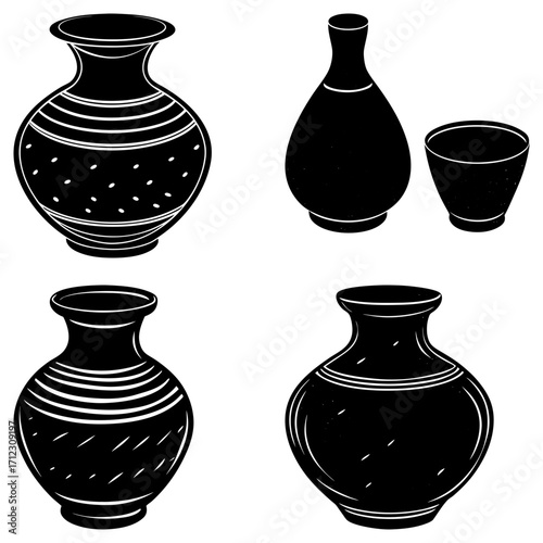 Illustration showcasing a collection of vases and a cup in black and white with varied designs and shapes