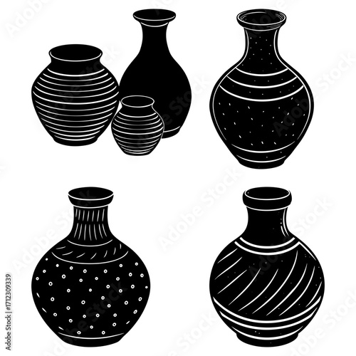 Illustration showing a collection of decorative vases with various patterns and shapes in black and white style