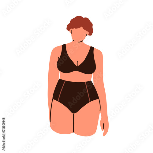 Lingerie, female underwear on woman with plus-size feminine figure. Body-positive girl wearing bra, panties, bikini, comfortable underclothes. Flat vector illustration isolated on white background