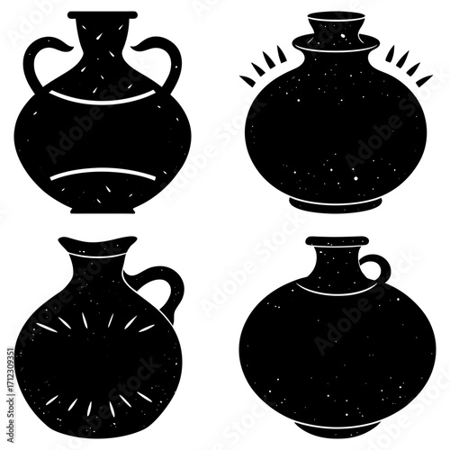 Four black silhouette vases and pitchers in different shapes and styles on a white background artfully arranged