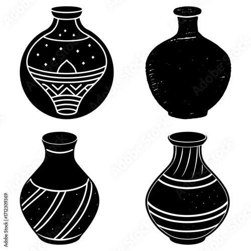 Four decorative vases in black and white with various patterns and shapes arranged in a square format