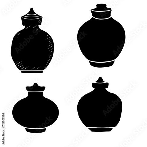 Four black silhouette vases with lids in varying shapes and sizes arranged on a white background art