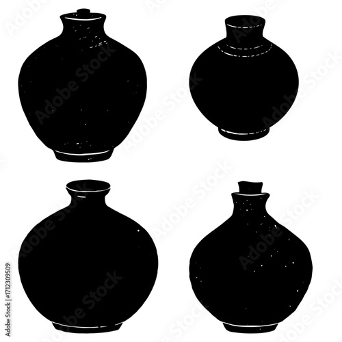 Four black and white vintage style vases with varying shapes and sizes arranged in a square pattern