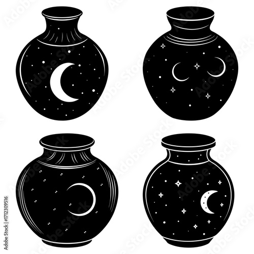 Collection of four black vases decorated with celestial motifs including moons and stars in white color