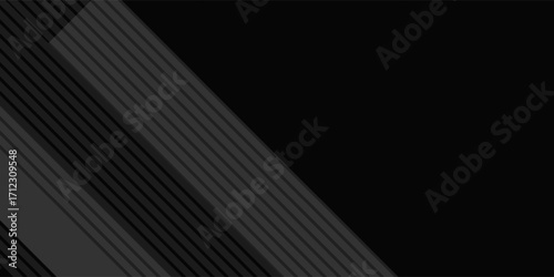 Black abstract background design. Modern wavy line pattern (guilloche curves) in monochrome colors. Premium stripe texture for banner, business backdrop. Dark horizontal