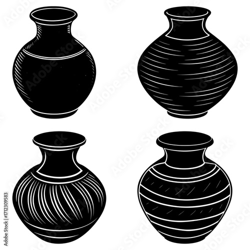 Four black and white vases with different designs and shapes arranged in a square formation on white