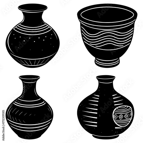 Illustration of four black vases with different designs and shapes on a white background perfectly aligned