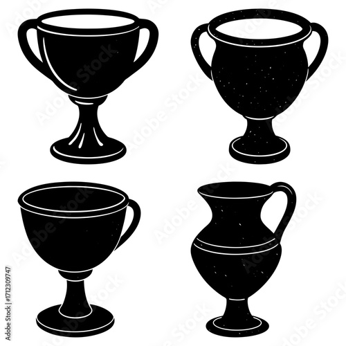 A collection of four black and white vessels including cups and vases in a simple graphic style