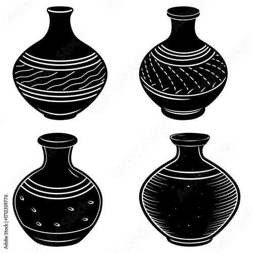 Four black and white vases with different patterns and designs arranged in a square formation on white