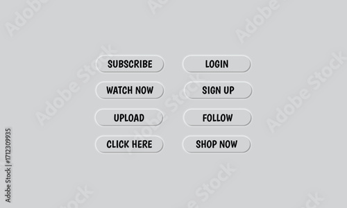 3D Neumorphism Button Set with Watch Now Subscribe Login Signup Shop UI UX Vector Illustration