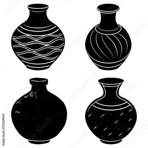 Four black vases with different patterns isolated on a white background in a simple graphic style art