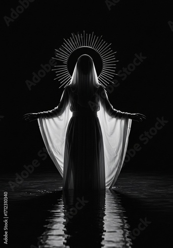Ethereal silhouette of a divine goddess with a halo of light standing in dark water