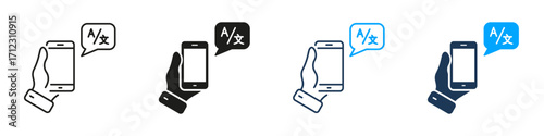 Hand Holding Smartphone With Translation App Line And Solid Icon Set. Language Translation, Communication, And Mobile Technology Symbol Collection. Isolated Vector Illustration