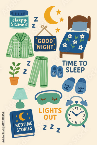 Bedtime Sleep Dream Night Blanket Bed Moon Stars Bedroom slippers Cozy Healthy Daily Pyjamas Alarm Story Book Lights Out Good Night Vector Print Illustration Design