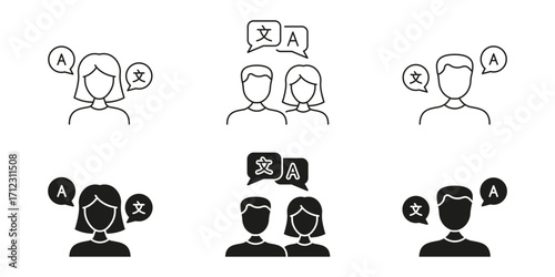 Multilingual Communication Line And Solid Icon Set. Language Translation And Interpretation Symbol Collection. Diverse Language Skills And Cross-Cultural Interaction. Isolated Vector Illustration