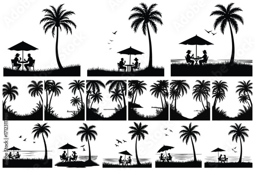 Tropical beach silhouettes with palm trees and couples