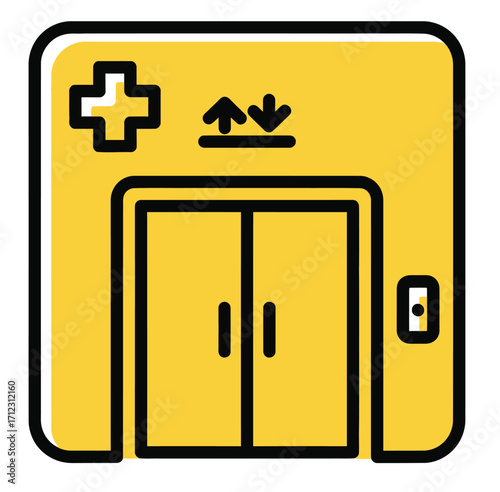 Yellow hospital elevator entrance with medical symbol and up down arrows