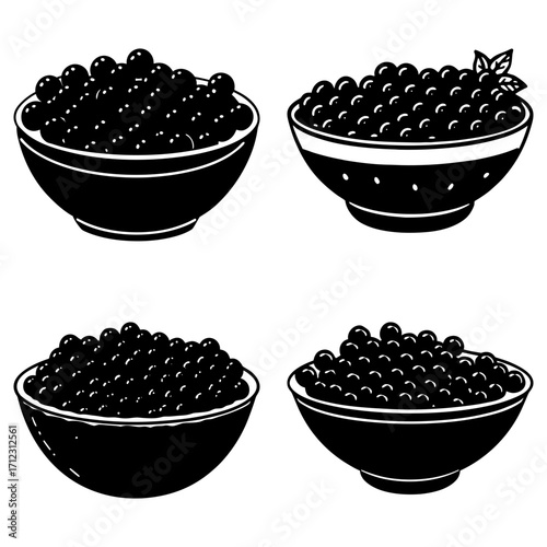 Four bowls filled with black caviar in a black and white illustration style with varied bowl designs