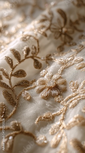 Close-up of delicate, beige fabric adorned with intricate, beaded floral embroidery.  Soft lighting highlights the texture and detail