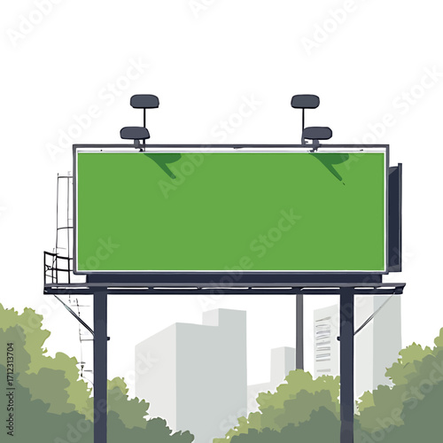 An isolated green billboard stands prominently against a backdrop of stylized buildings and trees, creating a scene of urban advertising.